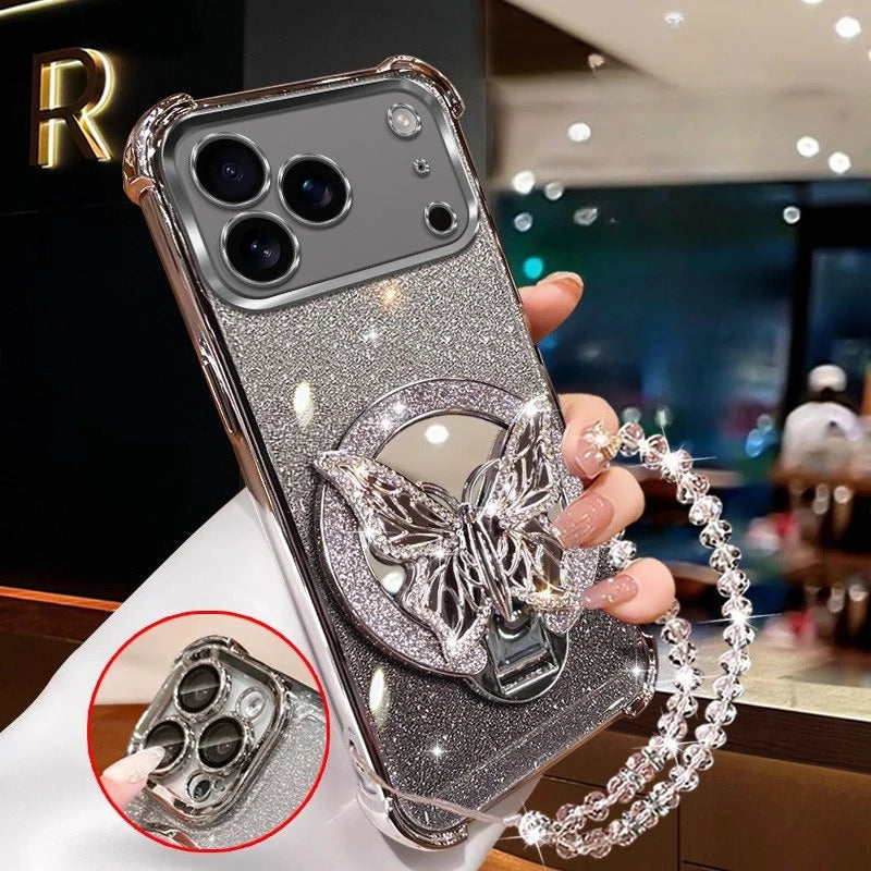 Glitter Butterfly Mirror Crystal Bracelet Case for IPhone 17 Air 16 16E 15 14 Plus 13 12 11 Pro XS Max XR X  Shockproof Cover