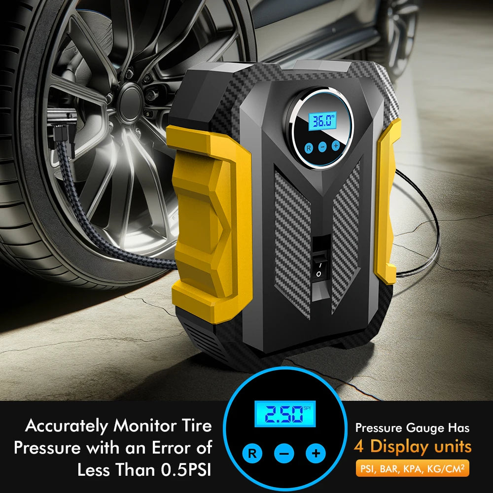 Carsun 150Psi 12V Inflator: Digital Display, Led Light, Smart Tire Pressure, 3m Cord—For Cars, Bikes, Balls CM World