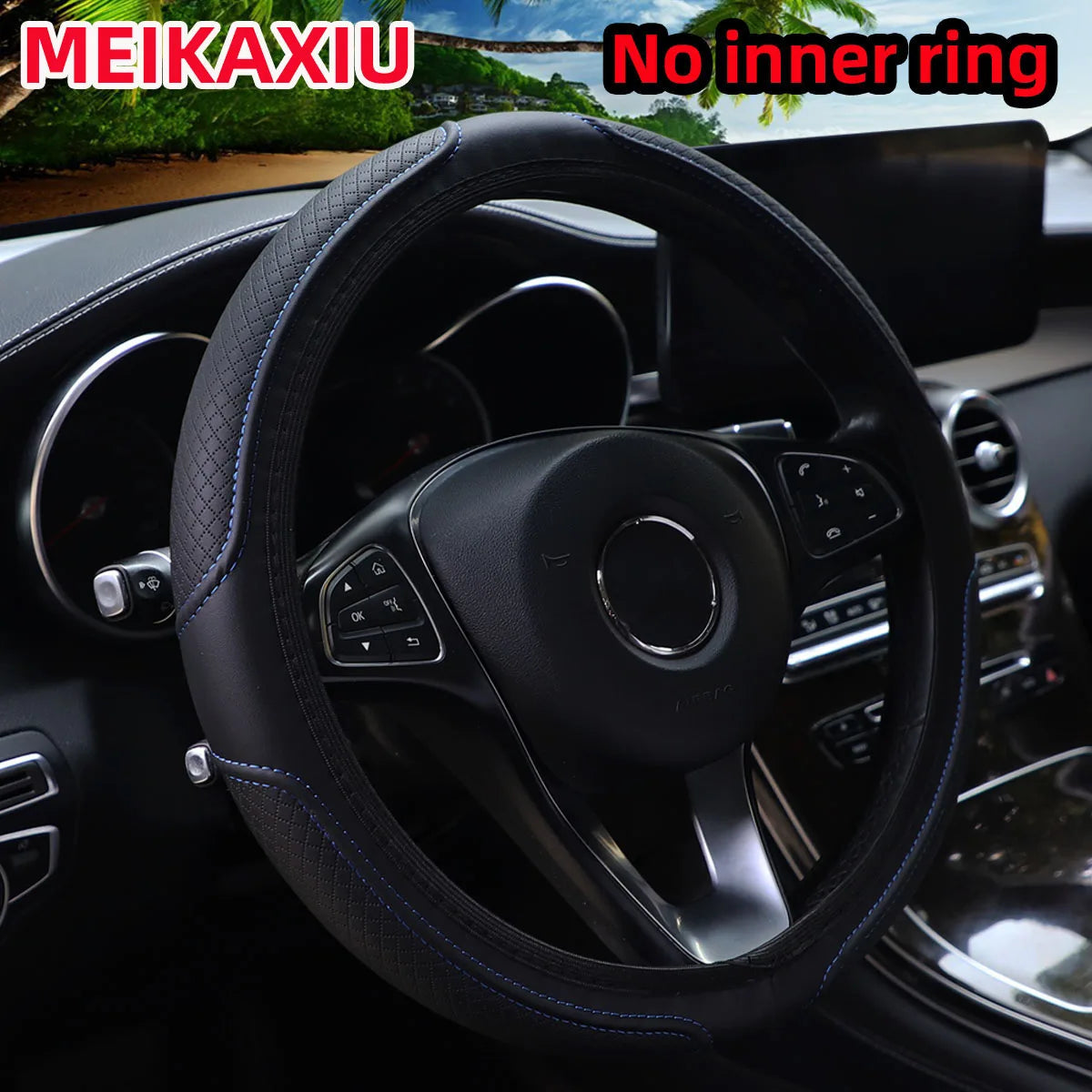 PU Leather Embossed Steering Wheel Cover 14.5-15 Inch round Rimless Design for All Seasons Men Women Cars CM World