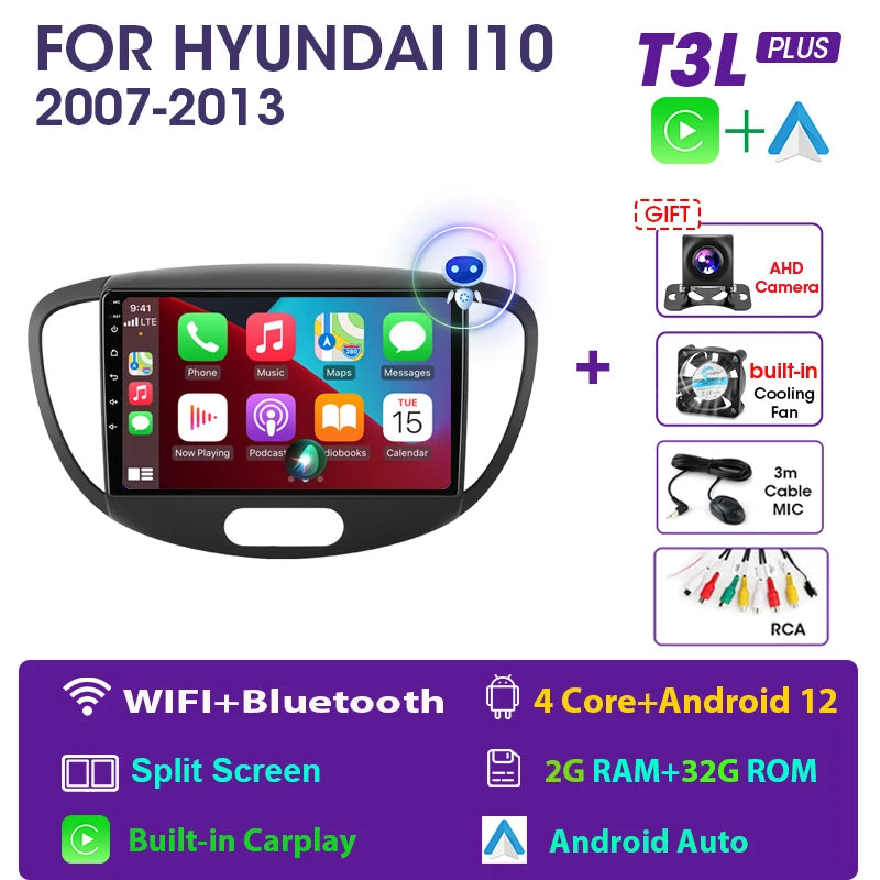 JMCQ 2 Din Car Radio For Hyundai i10 2007 2008 2009 2010-2013 Stereo Multimedia Player Android 12 4G GPS Navigation 2din Carplay CM World
