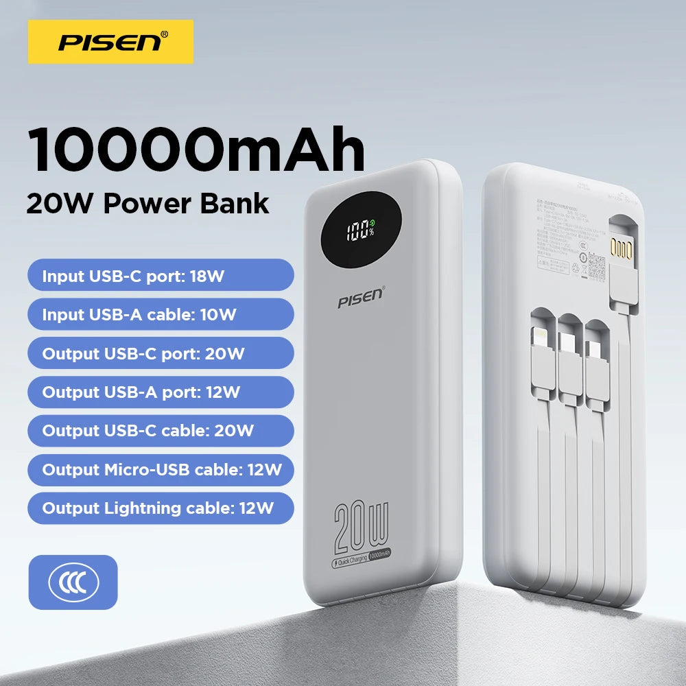 PISEN 3C Certified Power Bank 10000mAh & 20000mAh 20W Fast Charging Powerbank With 4 Built-in Cables For iPhone Samsung Xiaomi Car Mobile World