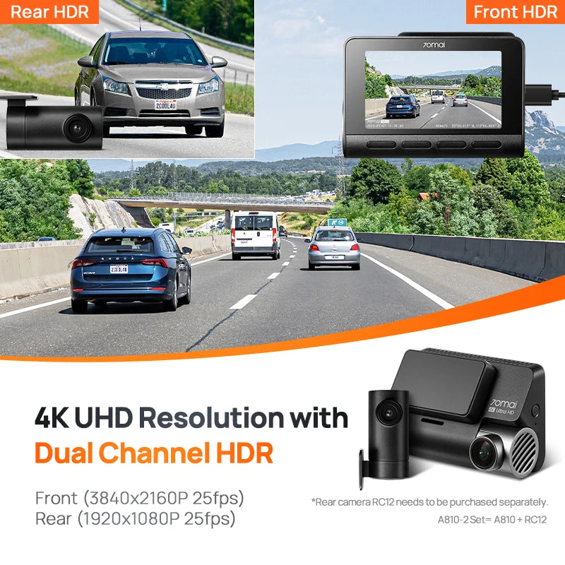 70mai 4K Dash Cam A810 HDR Built-in GPS ADAS 24H Parking 4G Compatible Car DVR 70mai A810