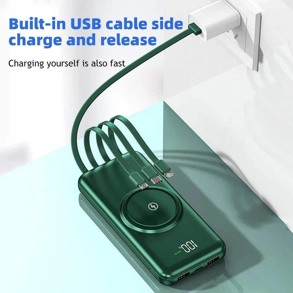 20000mAh Wireless Power Bank Fast Charging Built-in Quad Power Cable Mobile Phone Charger For Iphone 13 14 15 Xiaomi Samsung Car Mobile World