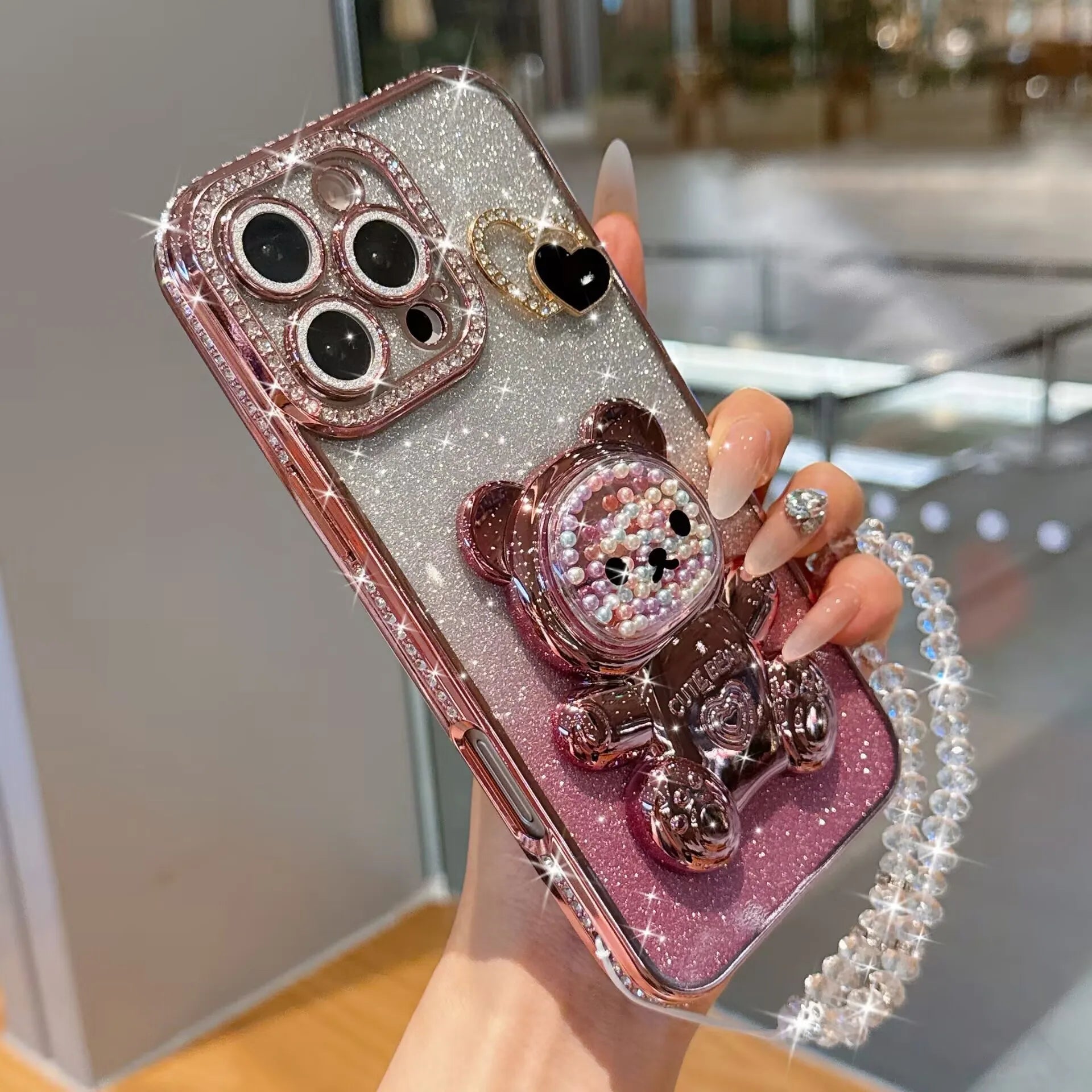Colorful bead bear stand shiny cardstock electroplated soft case suitable for iPhone17 16 14 15 13 12 11 phone cases bead chain