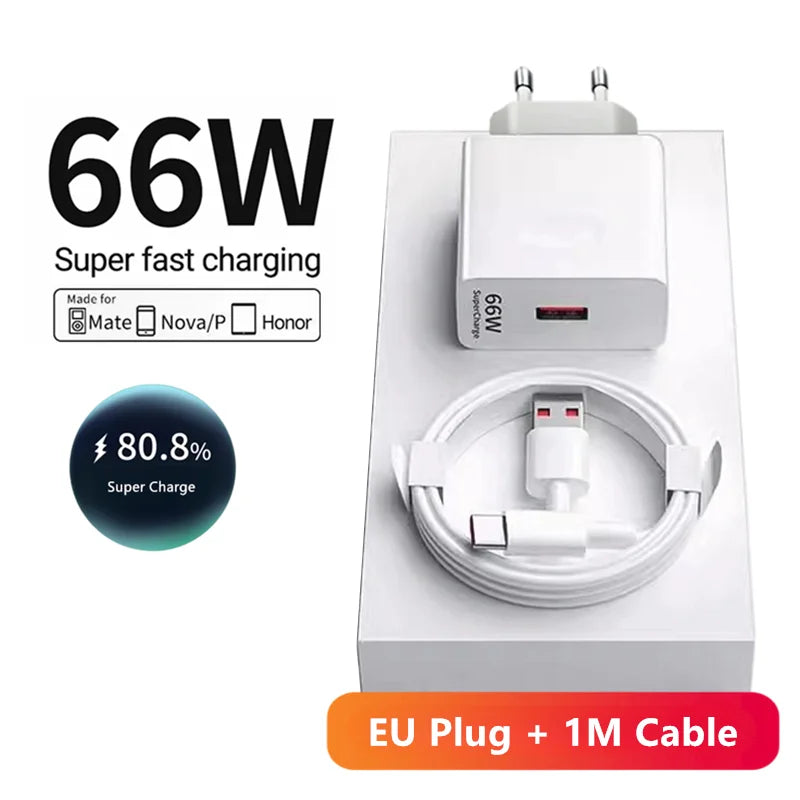 6A 66W Super Fast EU Wall Charger For Huawei Mate 40 50 60 P50 Nova 8 9 10 Honor 90 100 X7 X8 X9 Magic Type C Charging USB Cable Car Mobile World