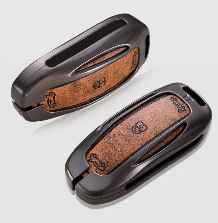 Car Zinc Alloy Leather Key Case Cover Holder For Tesla Model 3 Model S Model Y Model X Protector Keychain Interior Accessories