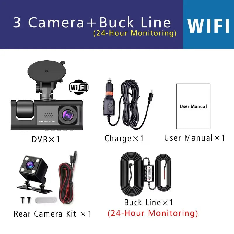 WiFi 3 Channel Car DVR Three Way Dash Cam Inside Vehicle Camera DVRs Recorder FHD 1080P Video Mini Registrator Dashcam Camco