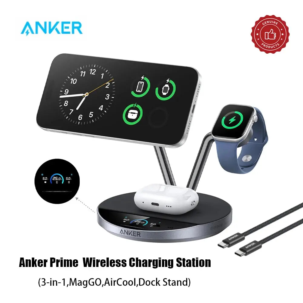 Anker Prime B25X7 3‑in‑1 Wireless Charging Station 25W Qi‑2 MagGo AirCool Dock Display Stand for iPhone Apple Watch AirPods Car Mobile World