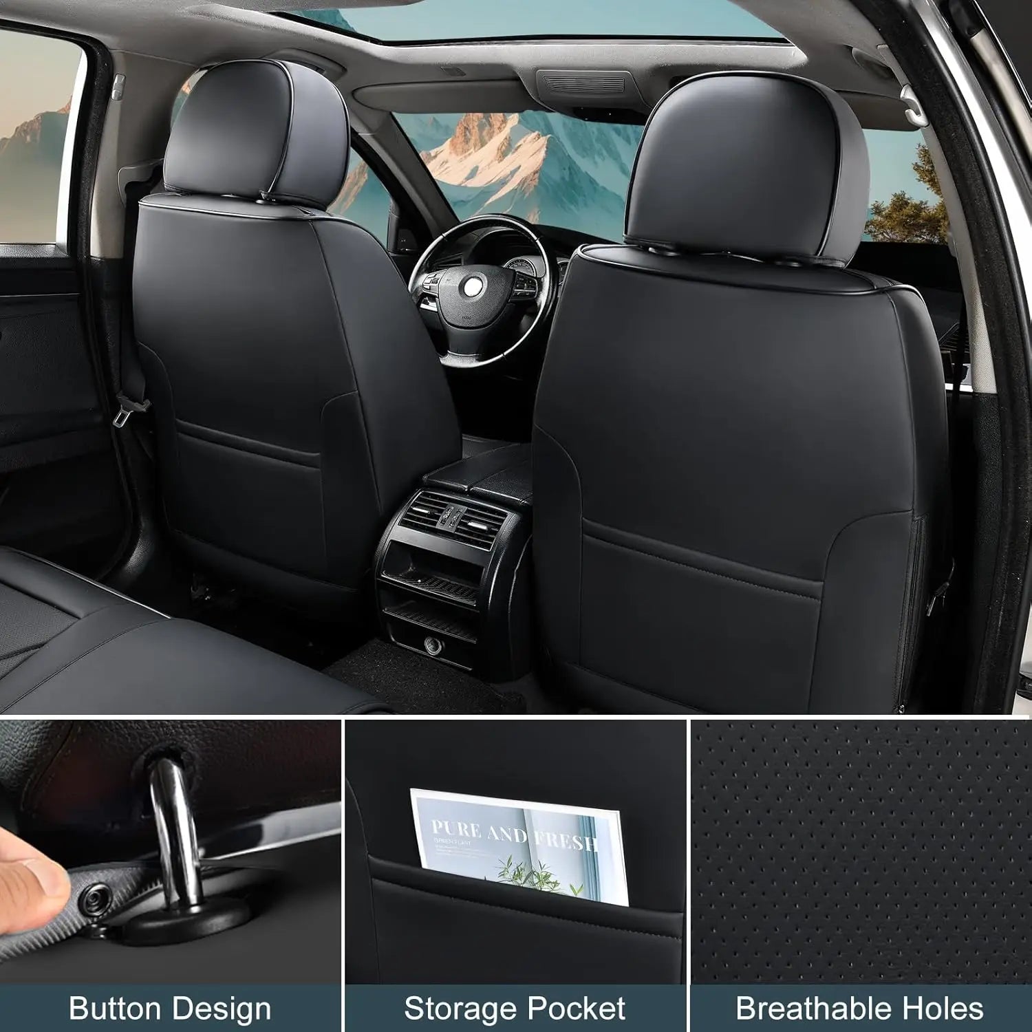 Breathable Leather Car Seat Covers Full Set, Waterproof Front and Rear with Headrest for Most Sedans SUV Trucks CM World