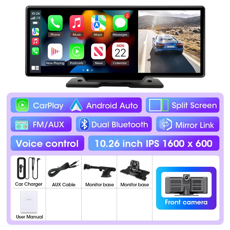 10/11.26 inch Dash Cam 4K Car DVR Wireless Carplay & Android Auto GPS Navigation Video Recorder Dashboard Dual Lens Wifi FM AUX Car Mobile World
