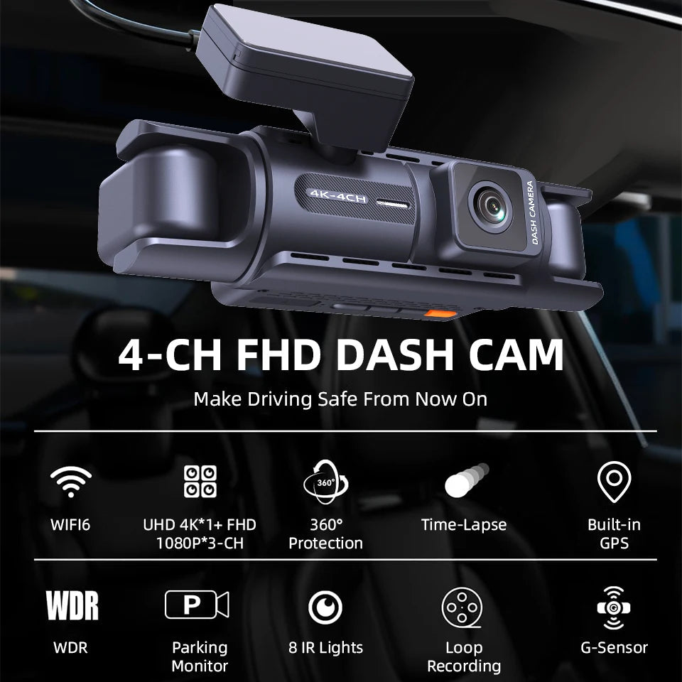 E-ACE Dashcam 4 Channel UHD 4K Car Dvr Built-in GPS WIFI Module Infrared Night Vision Front Left Right Rear Lens Black Box ﻿ Car Mobile World