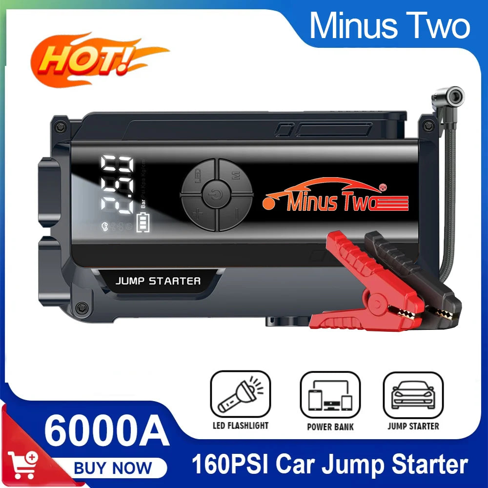 4 in 1 6000A Peak Car Jump Starter, 160PSI Air Compressor, 12V Battery Booster Power Pack for Petrol Diesel SUV with LED Light