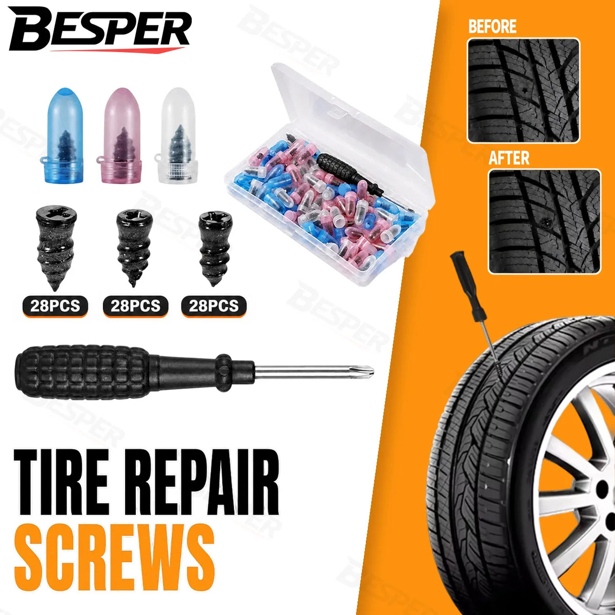 85PCS Tubeless Tire Puncture Repair Kit Rubber Screw Nails with Installation Tool for Car Motorcycle ATV Bike Emergency Use