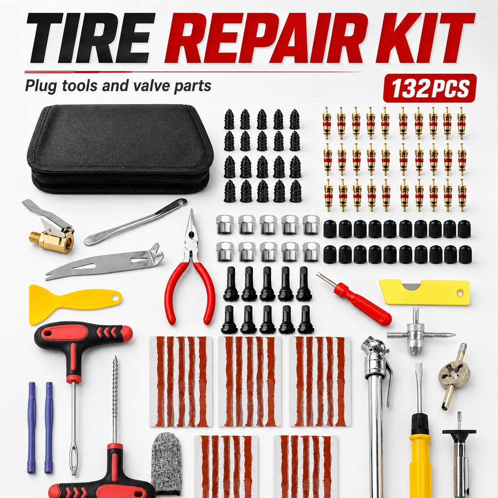 132Pcs Car Motorcycle Tire Repair Kit Puncture Plug Tools Tyre Puncture Emergency for Tire Strips Stirring Glue Repair Tool Kit