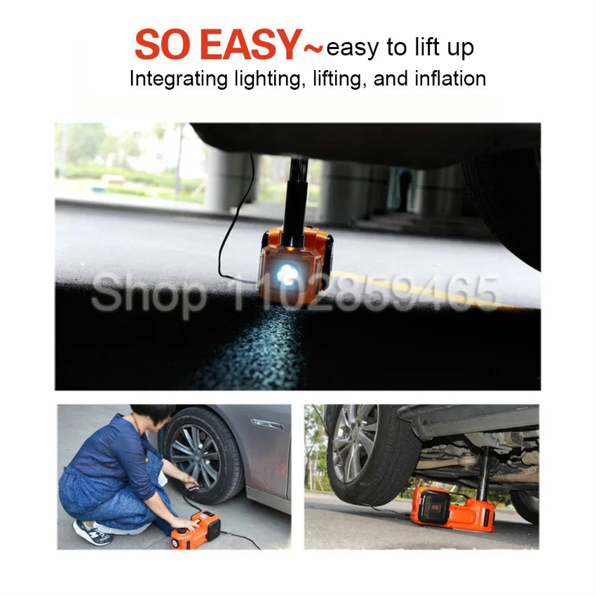 12V 5T Car Electric Hydraulic Floor Jack, Tire Inflator Pump And LED Flashlight 3 In 1 Set With Safe Hammer