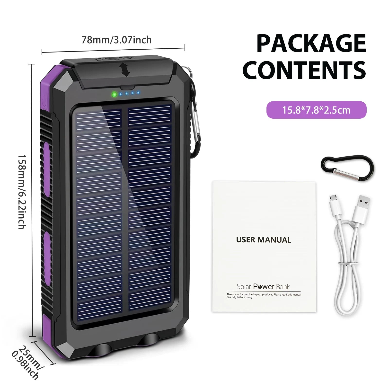 30000mAh Portable Solar Power Bank External Battery Waterproof Dual 5V 1A USB Ports LED Flashlight for iPhone Samsung Tablets Car Mobile World