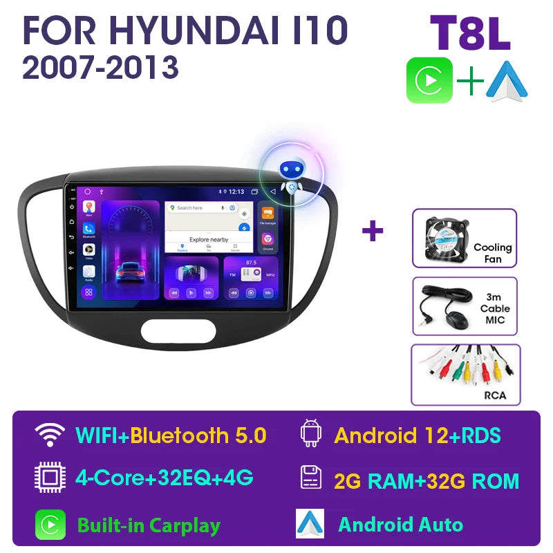 JMCQ 2 Din Car Radio For Hyundai i10 2007 2008 2009 2010-2013 Stereo Multimedia Player Android 12 4G GPS Navigation 2din Carplay CM World