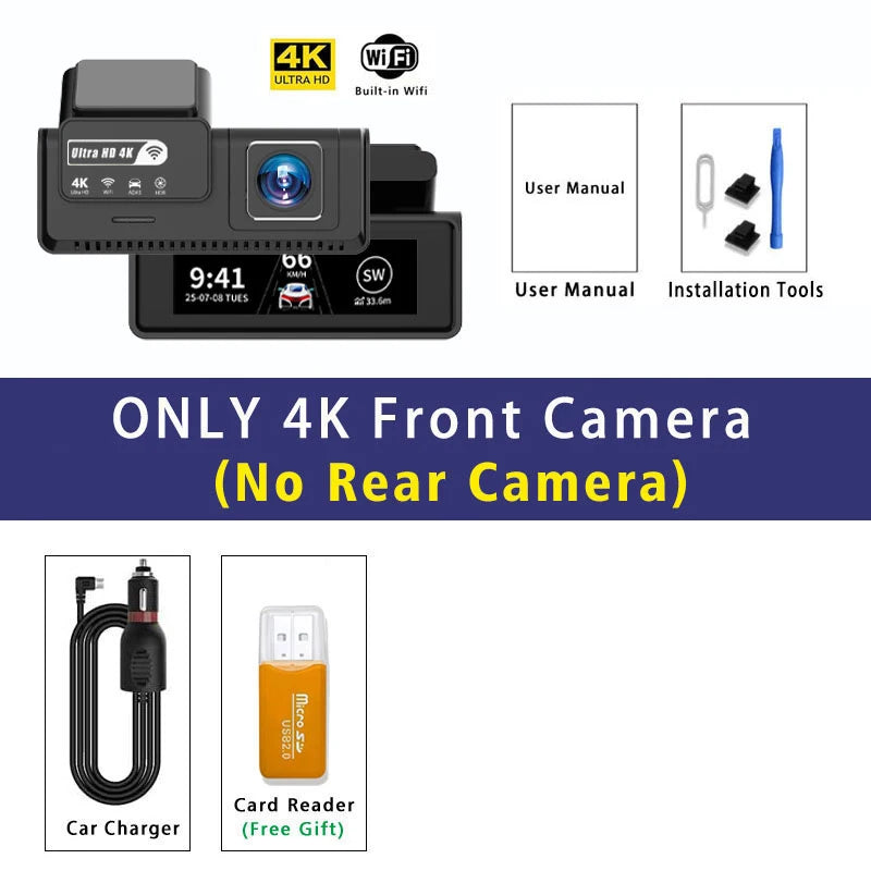 4K+2.5K Dash Cam Dual Lens 2160*3840P Recording Car Camera Built-In WiFi GPS DVR Dashcam Night Vision Video Recorder 24H Parking
