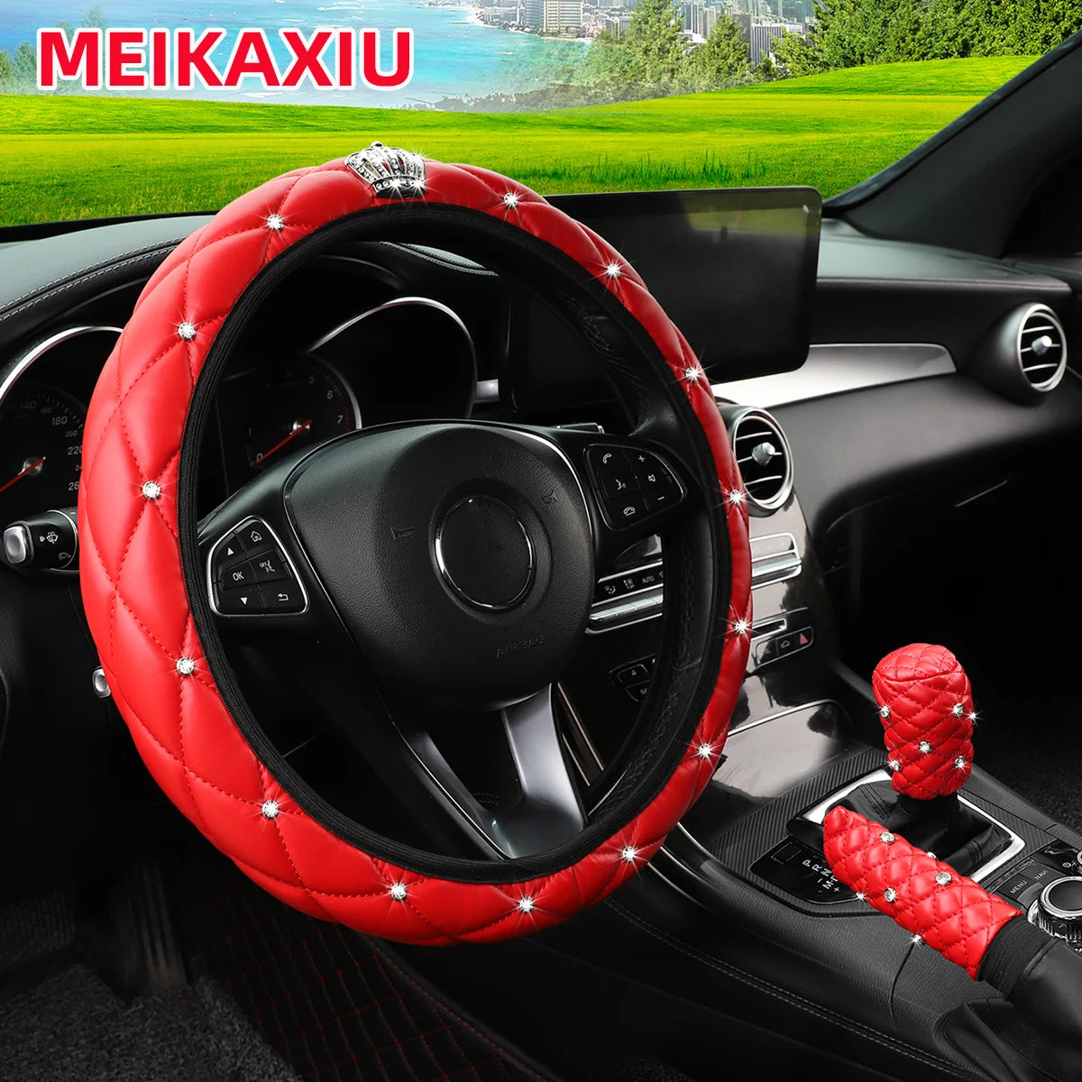 Soft leather crown diamond car without inner ring steering wheel cover, gear shift cover, handbrake cover, 3-piece set CM World