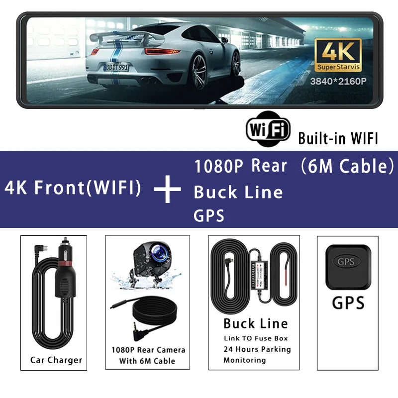 11.26" Car Dvr 4K 3840*2160P Dash Cam GPS WIFI Mirror Dual Lens Dashcam Camera Drive Recorder Vehicle Black Box Stream RearView