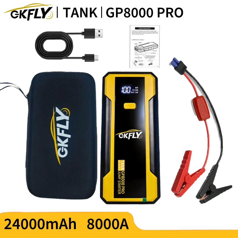 GKFLY 24000mAh Start Power Bank 8000A Car Jump Starter Car Booster External Battery 12V Starting Device for Petrol Diesel