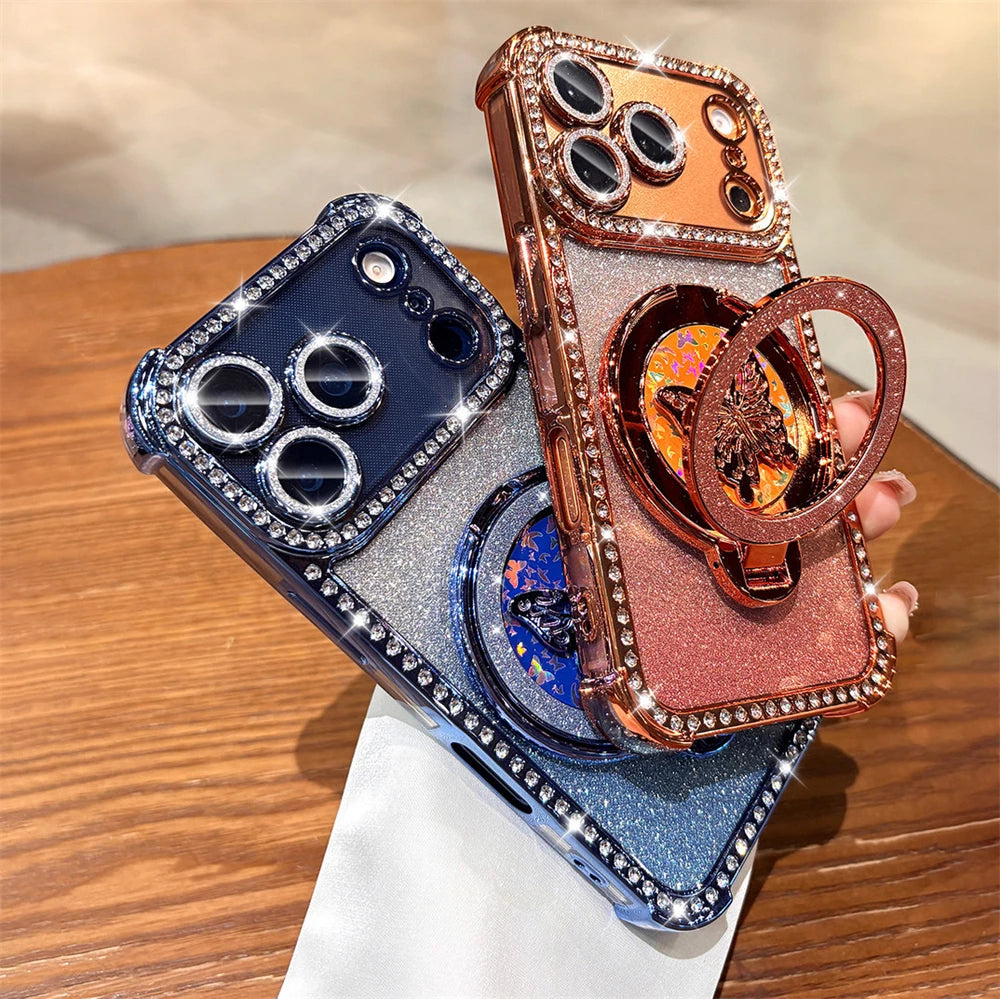 Rhinestone Lens Butterfly Bracket Glitter Phone Case for iPhone 17 16 Pro Max 15 14 13 Diamond Gradient Bling Shockproof Cover