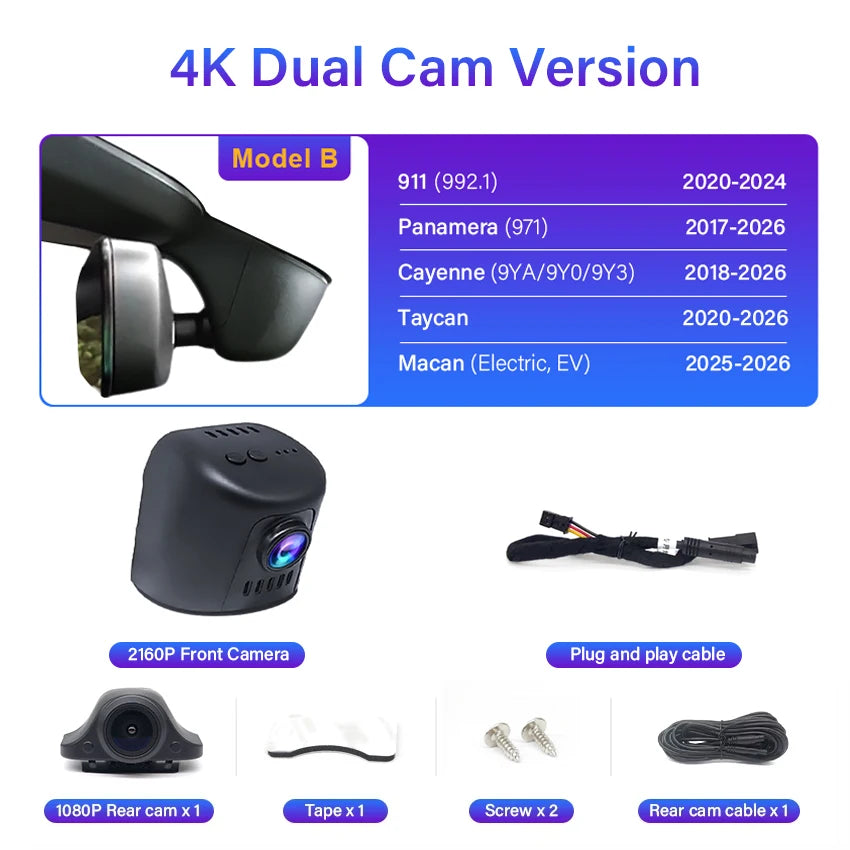 4K Plug And Play Easy Installation Wifi Car DVR Dash Cam For Porsche Cayenne/Macan/911/Taycan/Panamera/718 Boxster & Cayman Car Mobile World