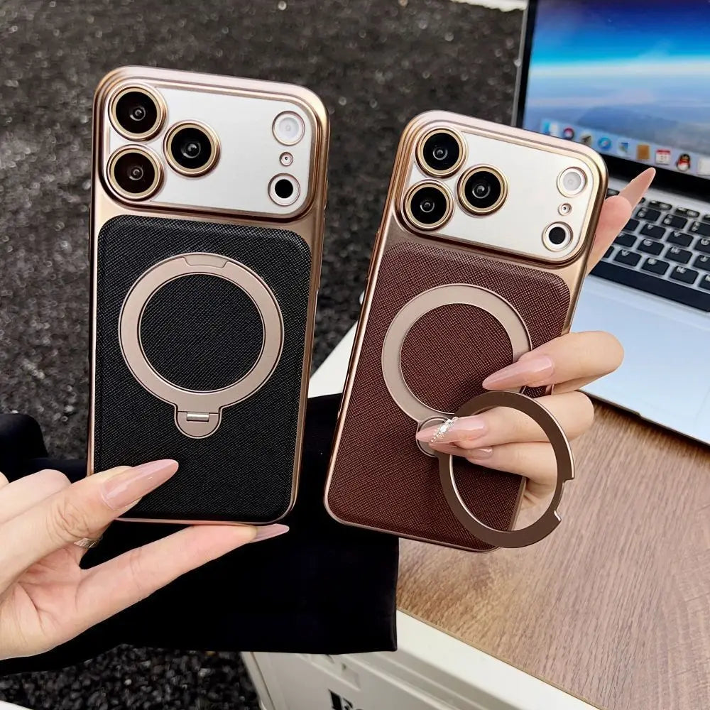 Luxury Business Textured Leather Phone Case, 360° Rotatable Stand Magnetic Protective Cover for iPhone 17 Pro Max 16 15 14