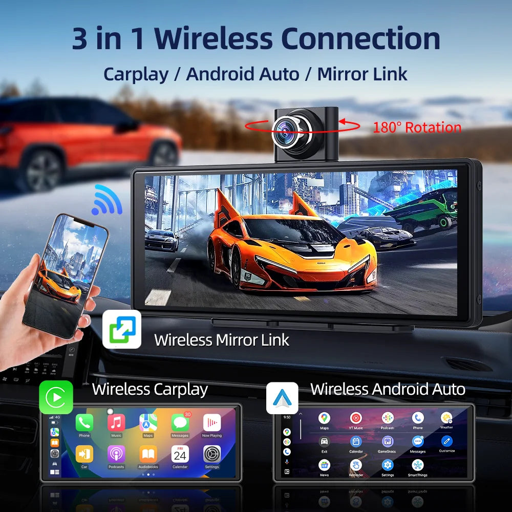 Imagebon P60 10.26" Android 15 Bulit-in GPS Wireless Carplay Android Auto Dual Camera WIFI Dashcam GPS Navigation Video Recorder Car Mobile World