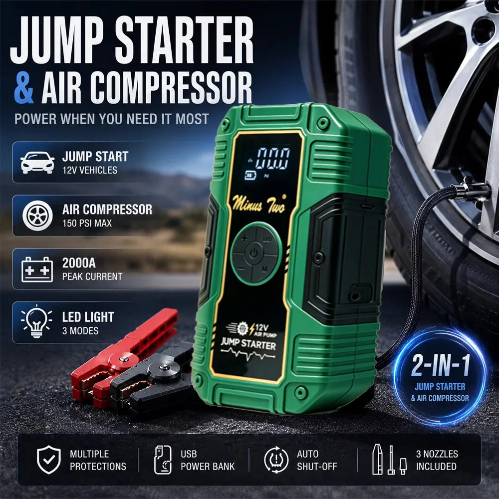 12V Car Jump Starter with Air Compressor, Portable Battery Booster Power Bank, Tire Inflator Pump for SUV Auto Emergency Kit