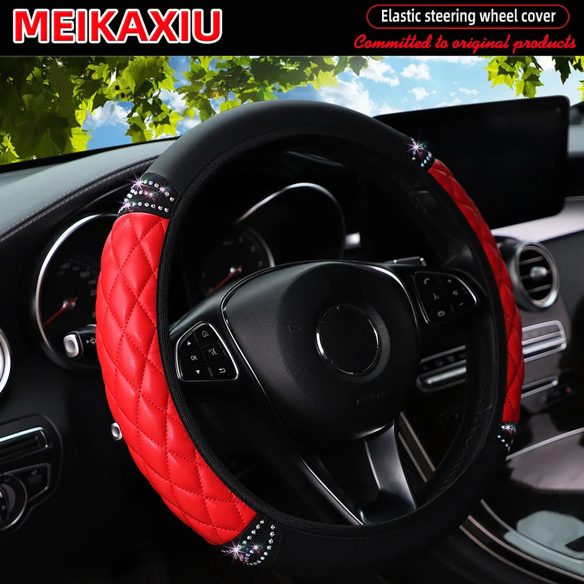PU soft leather diamond-shaped pattern embroidered with diamonds and glittering car without inner ring steering wheel cover CM World
