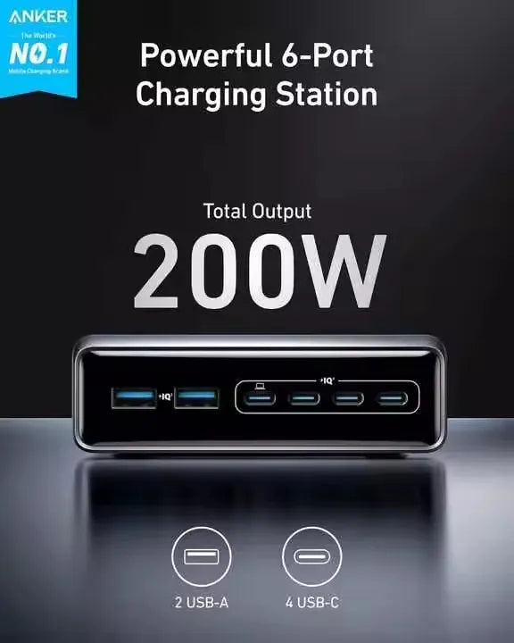 200W Anker GaN Prime USB C Charging Station Ultra-Fast 6-Port Desktop Charger with MultiProtect and ActiveShield 3.0 System