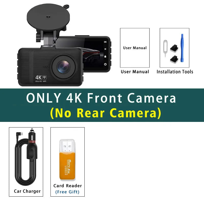 4K 2160P Ultra HD Dash Cam Night Vision With Back 2.5K 1440P Rear Car Video Camera WiFi GPS Logger G-Sensor Loop Recording