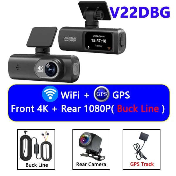 4K UHD Dash Cam Dual Lens Recording Car Camera DVR Night Vision Video Recorder Support GPS Wi-Fi Room Black Box Rear View Camera