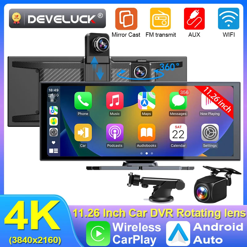 11.26 inch Dash Cam Car DVR 4K Camera Wireless Carplay Android Auto Touch Screen Dual Len Video Recorder Dashboard BT FM AUX GPS Car Mobile World