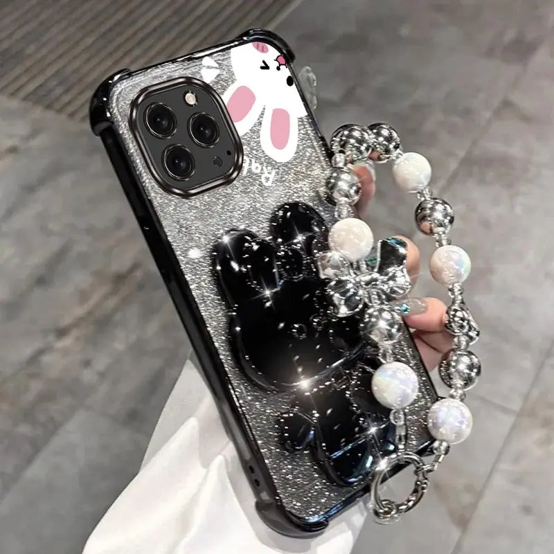 Airbag Glitter Mirror Rabbit Phone Holder Case On For iPhone 16 15 14 13 12 11 Xs Pro Max Mini X XR Plus Anti-knock Stand Cover