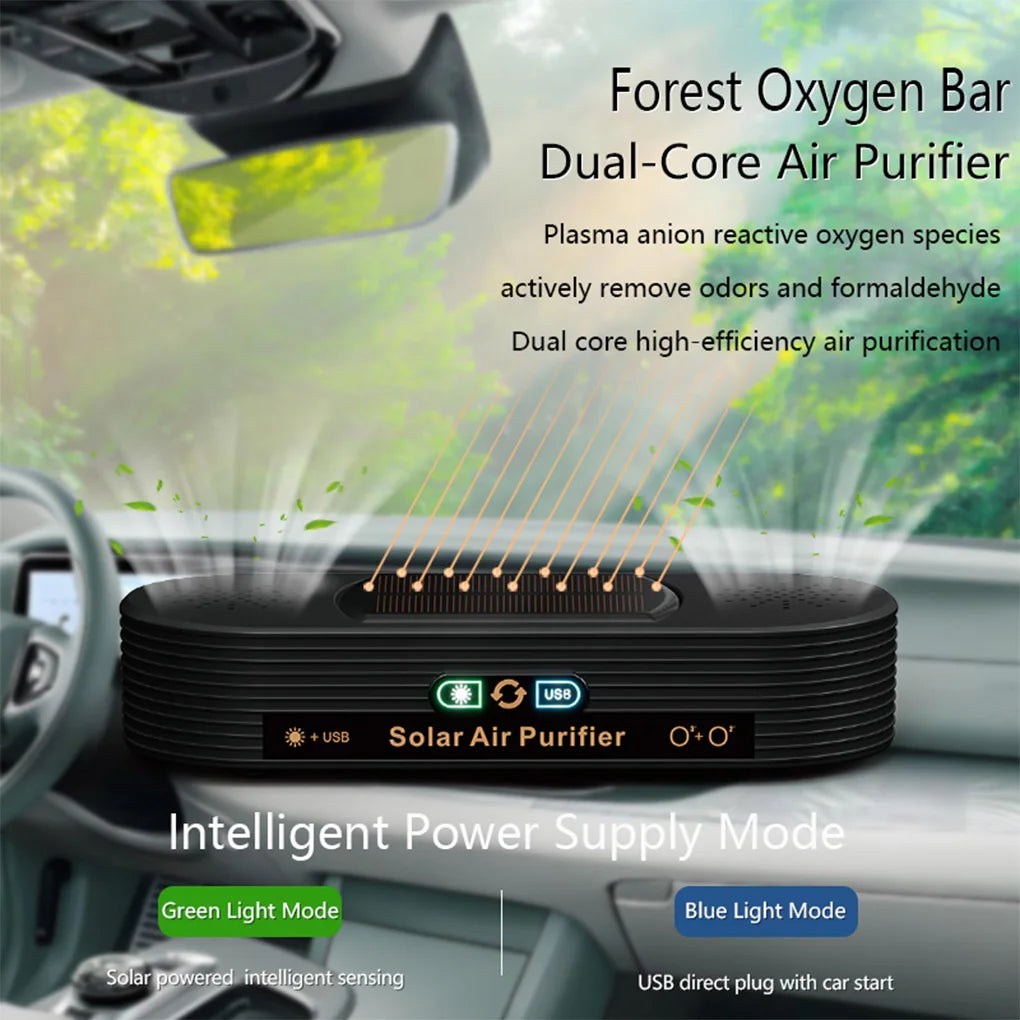 Solar USB Car Air Purifier Auto-Switch Power Safe Ozone Ion Tech Dual-mode Vehicle-mounted Ion Active Oxygen Dual-core Purifier CM World