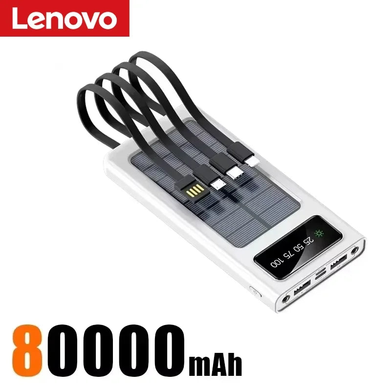 Lenovo 500000mAh Solar Power Bank Built in 4 Cables Portable External Battery with LED Light Powerbank For iPhone Samsung Huawei