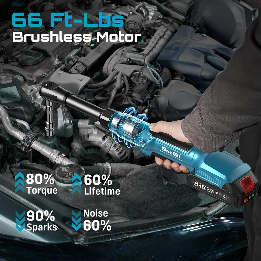 SEESII 21V 6.3'' Extended Electric Ratchet Wrench 3/8'80Nm Cordless Electric Wrench Rechargeable Angle Wrench Car Handheld Toolsfor Makita 18v Battery Pin