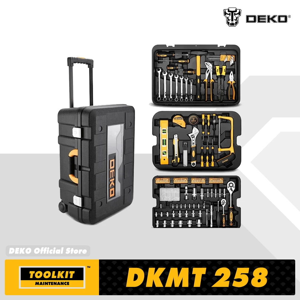 DEKO 258pcs Home DIY Hand Tool Set Professional Hand Tool Luggage Three-layer Rolling Portable Storage Box CM World