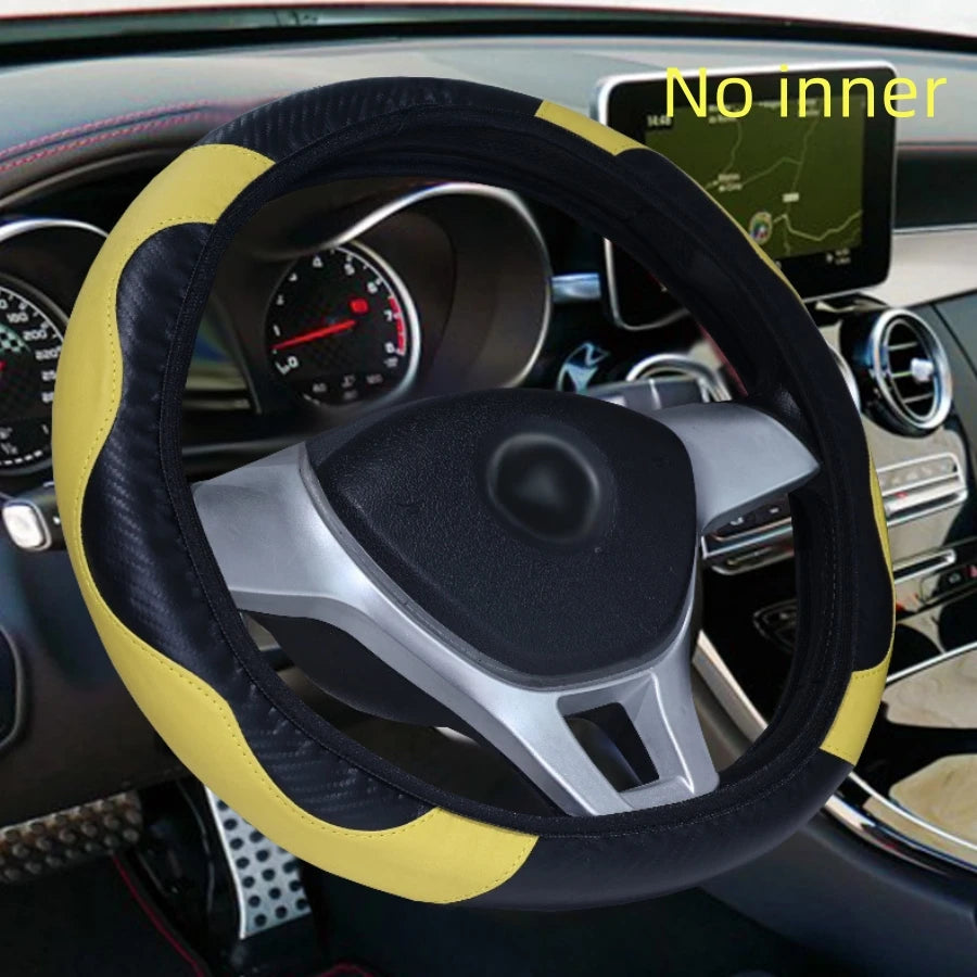 Carbon fiber pattern PU leather steering wheel cover with no inner ring design, full elasticity, anti slip and wear-resistant, m CM World