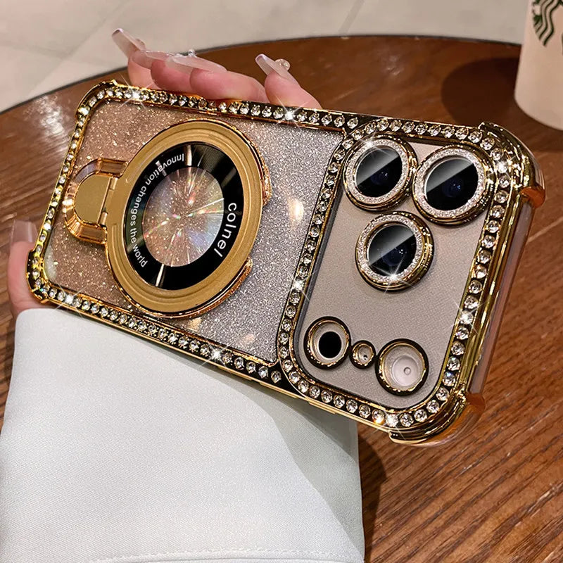 for Magsafe Bracket Case for iPhone 17 16 15 14 13 Pro Max Stand Holder Luxury Girl's Bling Diamond Bumper Camera Soft TPU Cover