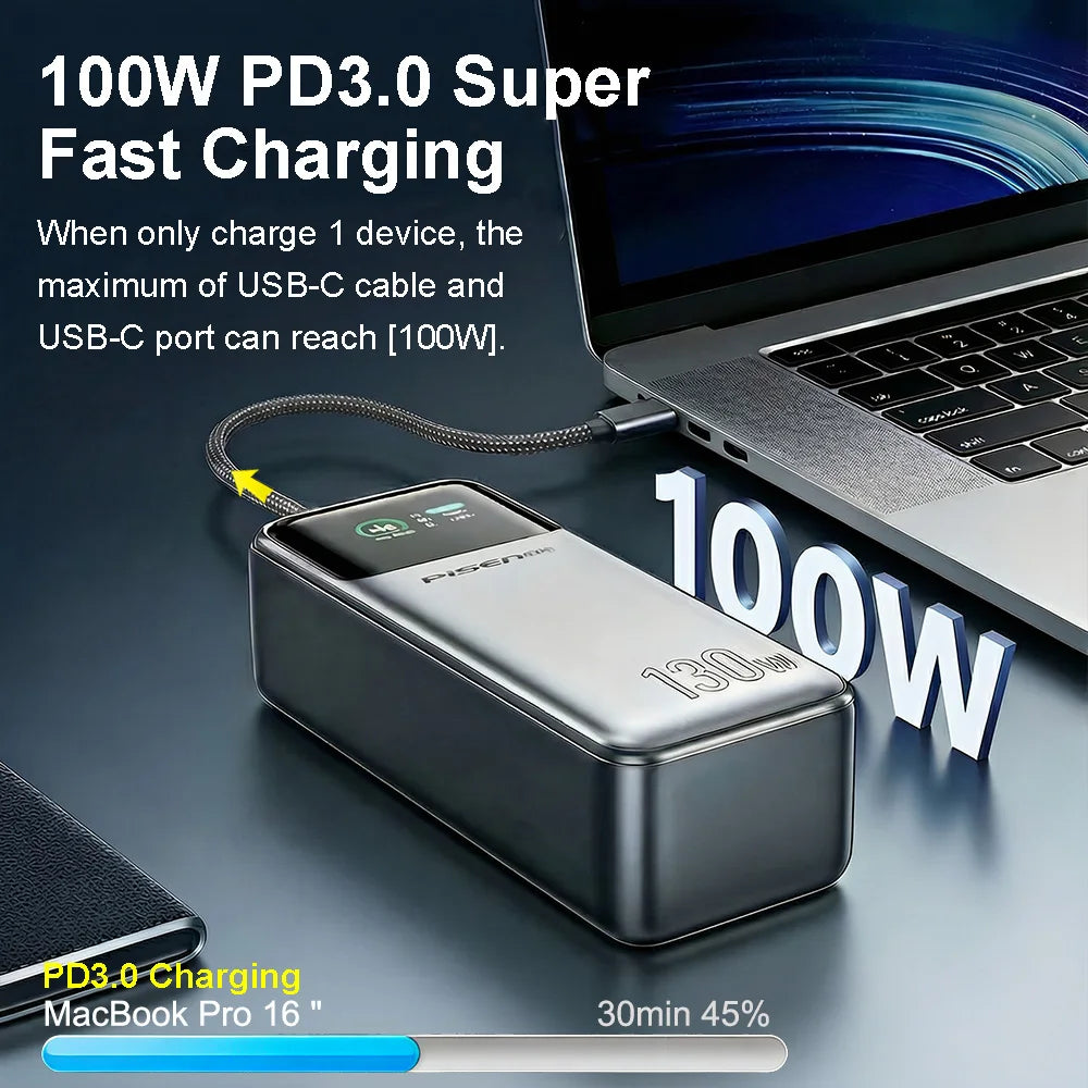 PISEN 130W Tablets Super Fast Charging Power Bank 20000mAh With Type C Cable External Battery for Laptop Notebook IPhone Macbook Car Mobile World