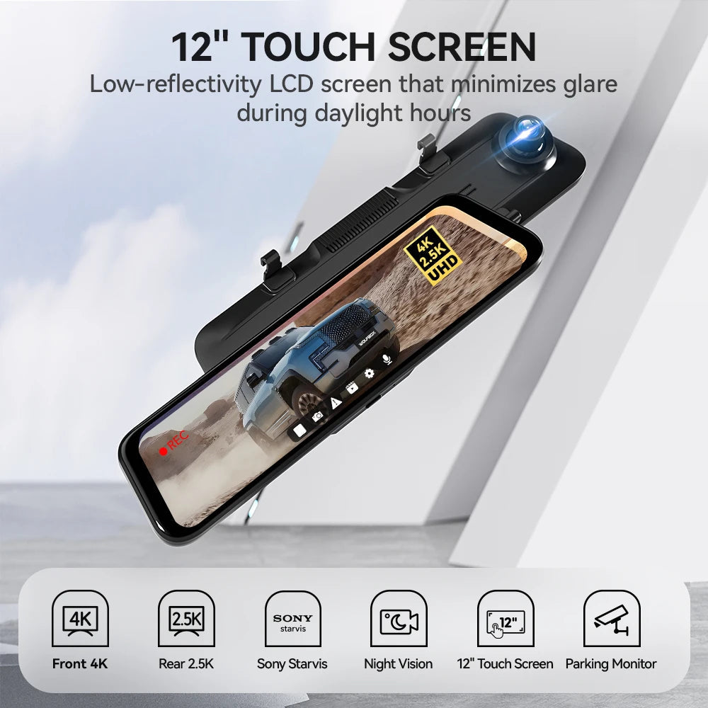 WOLFBOX G900 4K+2.5K Rearview Dash Cam 12" IPS Screen WDR 170 FOV Rear Cam Gps Mirror Car Recorder Stream Media Car DVR Car Mobile World