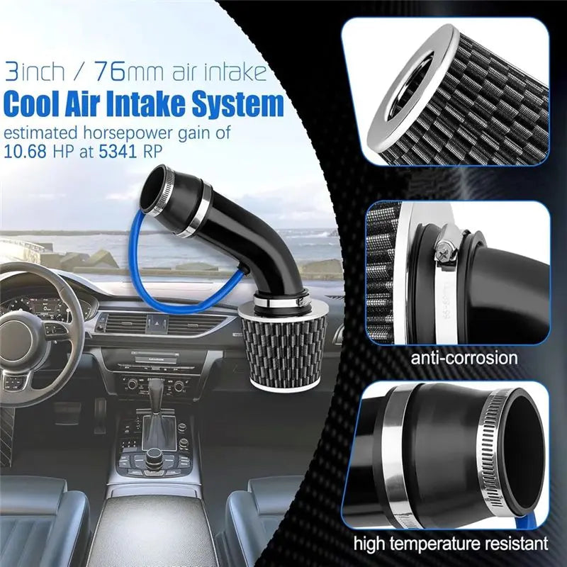 Cool Air Intake Kit Car Cool Air Intake Pipe 3" Universal Induction Flow Hose Pipe Kit-ABQF