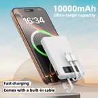 Mini Slim 10000mAh Portable Power Bank, Built-in LED Digital Display, 1 USB-A Port & 3 Integrated Cables, Small Lightweight Design, Multi-Device Simultaneous Charging for Travel, Camping and Emergency, Compatible with Android