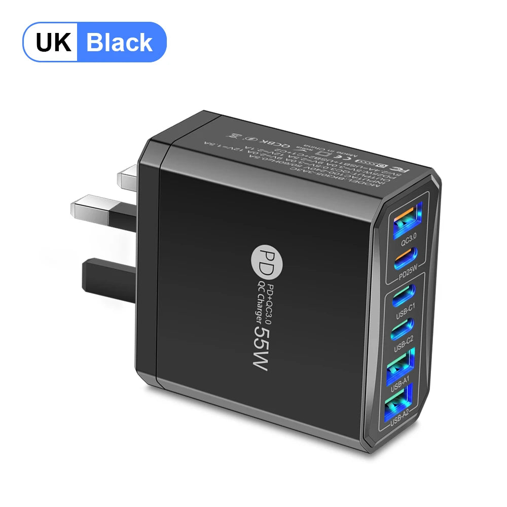 55W 3 USB 3 PD Charger Fast Charging QC3.0 Travel Charger For iPhone 15 14 Samsung Xiaomi Mobile Phone Adapter EU KR US UK Plug Car Mobile World