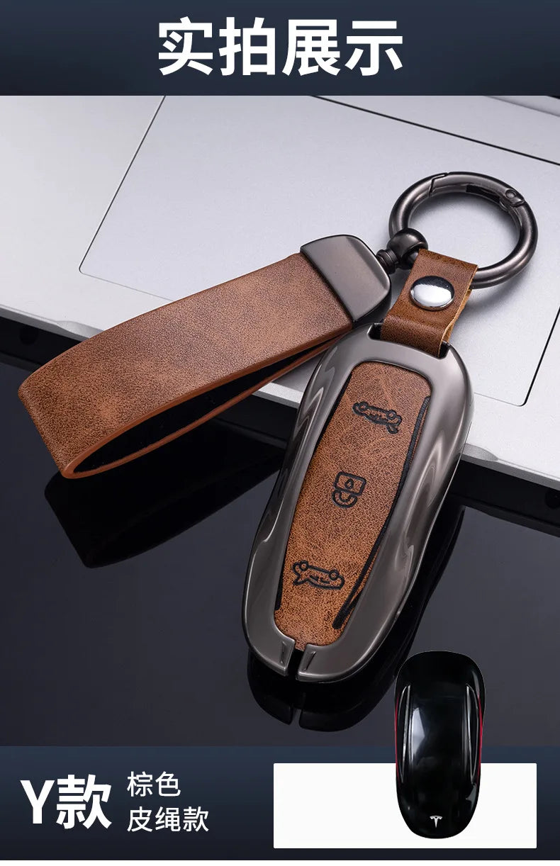 Car Zinc Alloy Leather Key Case Cover Holder For Tesla Model 3 Model S Model Y Model X Protector Keychain Interior Accessories