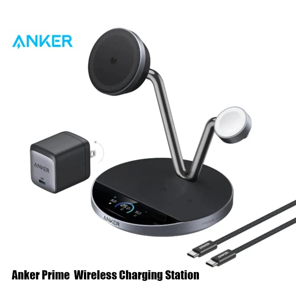 Anker Prime B25X7 3‑in‑1 Wireless Charging Station 25W Qi‑2 MagGo AirCool Dock Display Stand for iPhone Apple Watch AirPods Car Mobile World