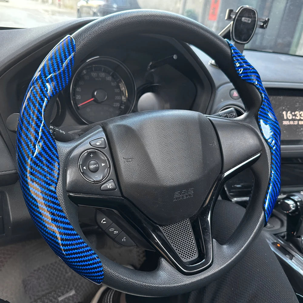Car Steering Wheel Cover Set, Glossy Carbon Fiber Texture, 2-Piece Breathable and Anti-Slip Grip, Universal Fit Interior Upgrade CM World